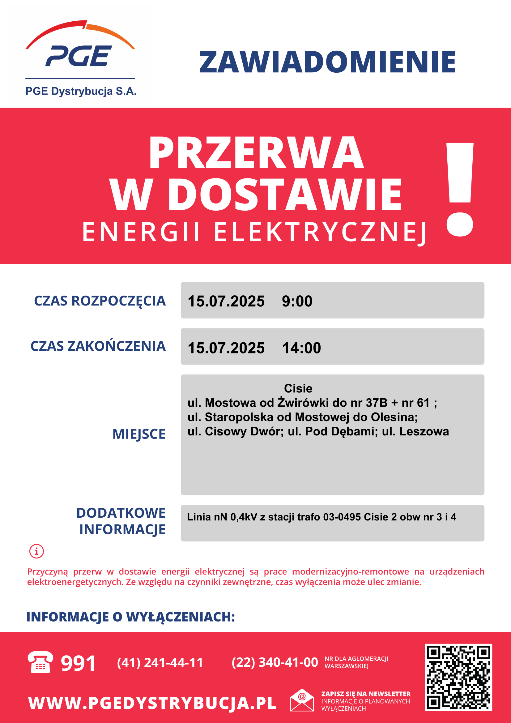 Zawiadomienie o przerwie w dostawie prądu