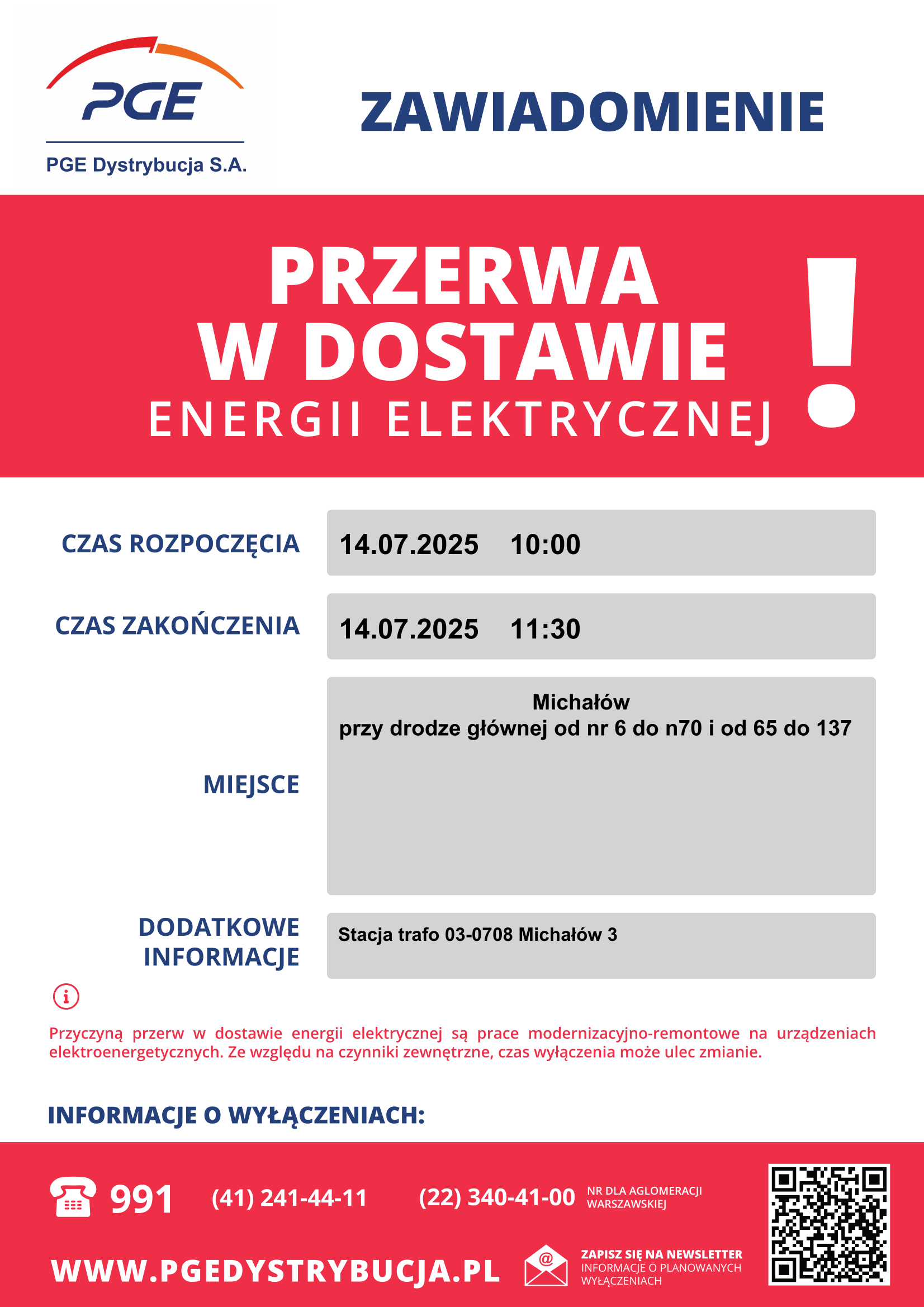 Zawiadomienie o przerwie w dostawie prądu
