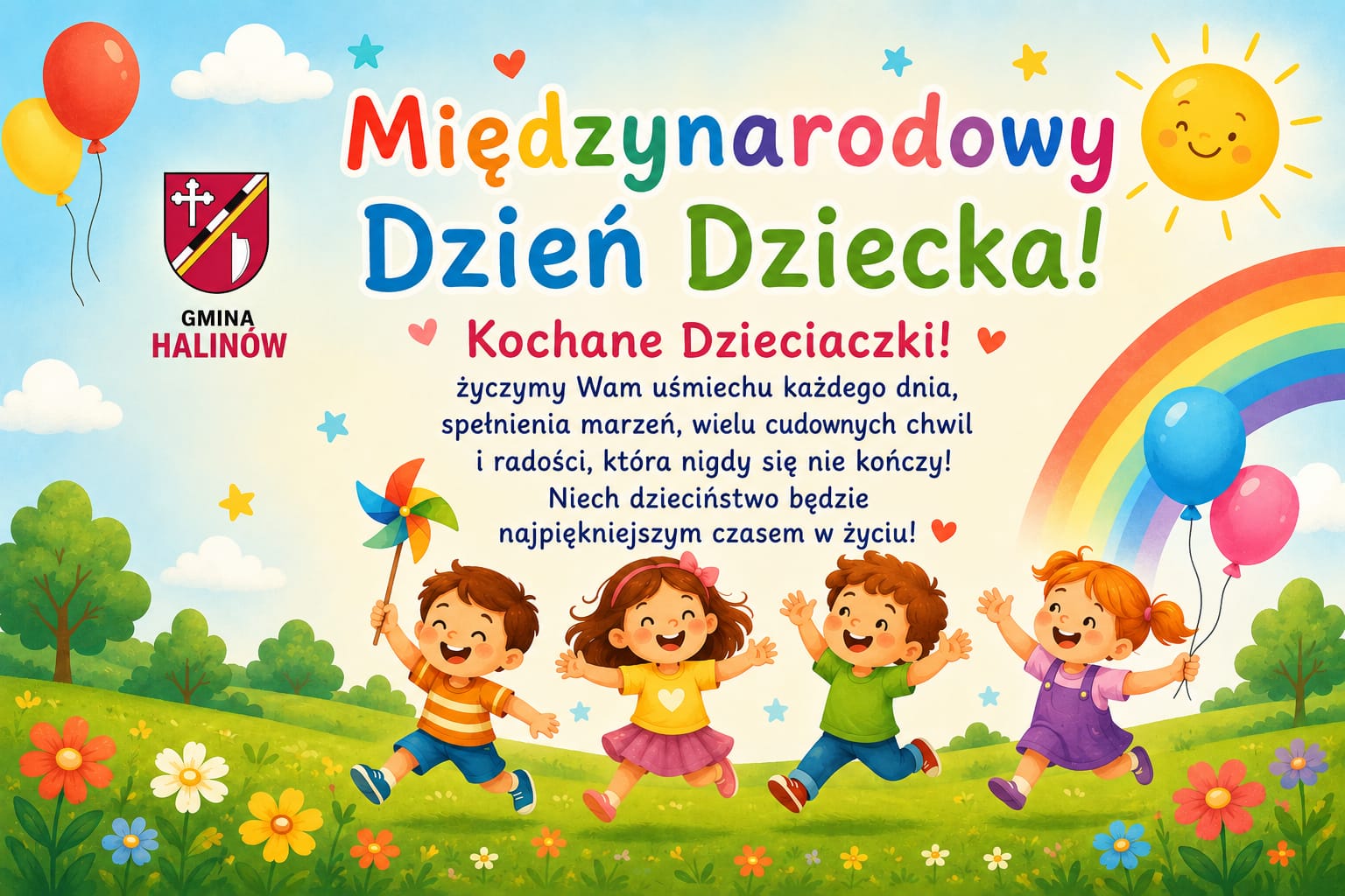 Ilustracja z okazji Międzynarodowego Dnia Dziecka. Wesołe dzieci biegną po zielonej łące pełnej kwiat&oacute;w. Na niebie tęcza, słońce i balony. Napis: 