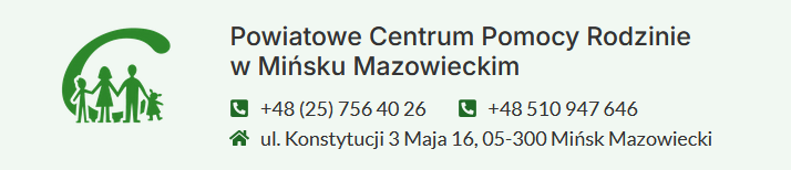 Logo z zieloną literą G i sylwetkami rodziny. Nazwa: Powiatowe Centrum Pomocy Rodzinie w Mińsku Mazowieckim. Numery telefon&oacute;w: +48 (25) 756 40 26, +48 510 947 646. Adres: ul. Konstytucji 3 Maja 16, 05-300 Mińsk Mazowiecki.