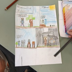 Komiks z Minecrafta: Steve idzie przez las, spotyka creepera, potem buduje dom i walczy ze szkieletem. Rysunek kredkami.