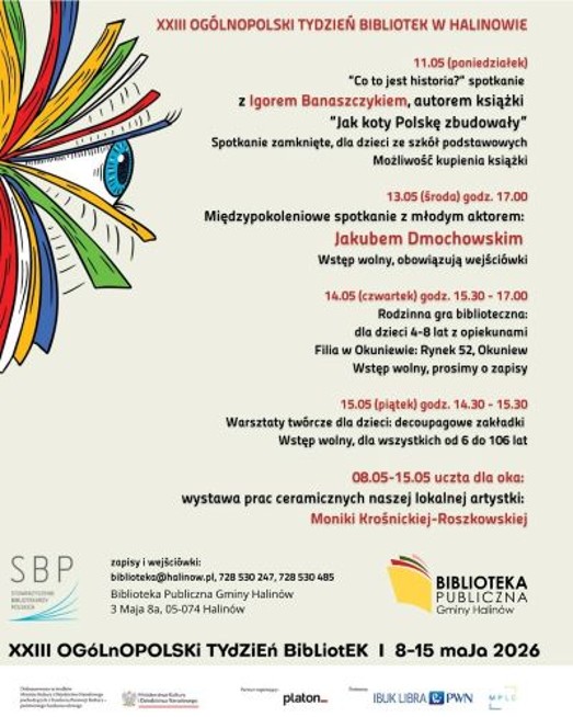 Plakat zapraszający na XXIII Og&oacute;lnopolski Tydzień Bibliotek w Halinowie (8-15 maja 2026). Grafika przedstawia oko złożone z kolorowych kartek książki. Program obejmuje spotkania z autorami, warsztaty i wystawę.